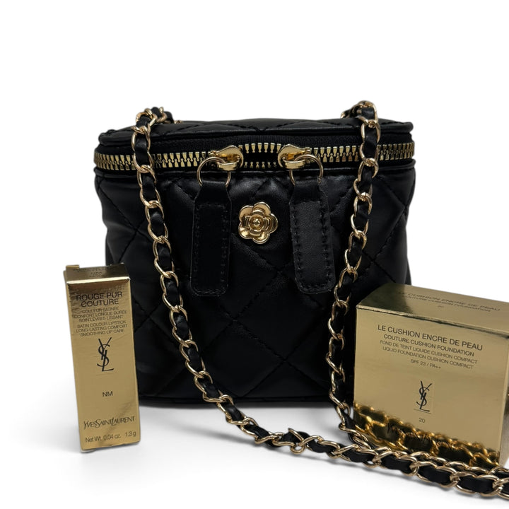YSL Black Quilted Vanity Cross Body & Cosmetics Set